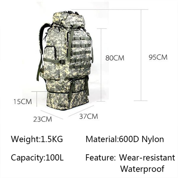 Camouflage Softback Backpack with 100L Capacity for Hiking, Camping, and Travel